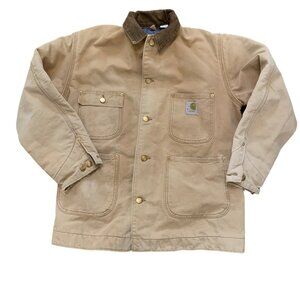 Vintage Carhartt Beige Chore Coat Corduroy Collar & Brass Buttons Sz 40 Oil Rig